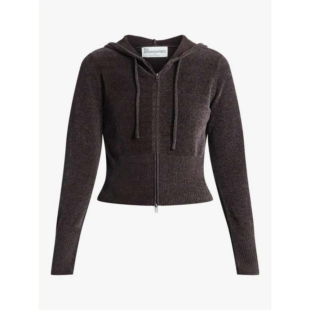 Chenille Cropped Sweater Y2K Vibe Zip Hoodie Sz L Breen Chocolate Coffee Brn NWT
